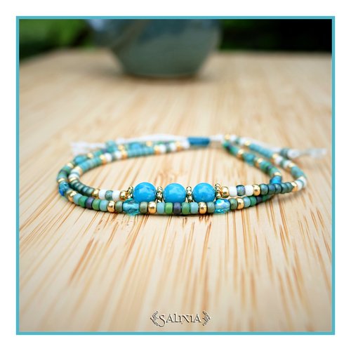 Bracelet 2 rangs perles de jade turquoise perles dorées or fin rocailles japonaises fermoir lien coulissant (#bc325)