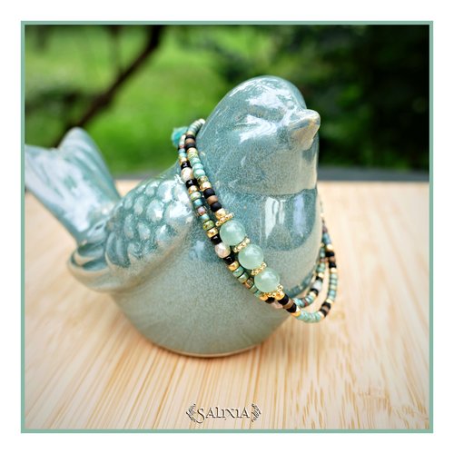 Bracelet 2 rangs perles d'aventurine verte perles dorées or fin rocailles japonaises fermoir lien coulissant (#bc327)