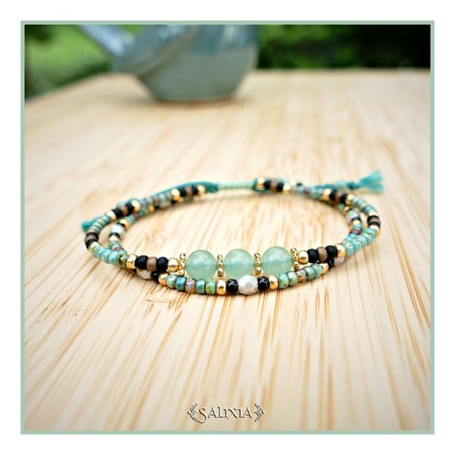 Bracelet 2 rangs perles d'aventurine verte perles dorées or fin rocailles japonaises fermoir lien coulissant (#bc327)