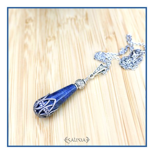 Collier renaissance "neela" goutte en pierre fine de lapis lazuli chaine et fermoir acier inoxydable (#c292 p244)