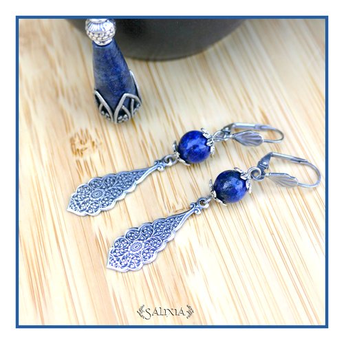 Boucles d'oreilles renaissance "neela" perles en pierres fines de lapis lazuli dormeuses ou crochets au choix (#bo817 p244)