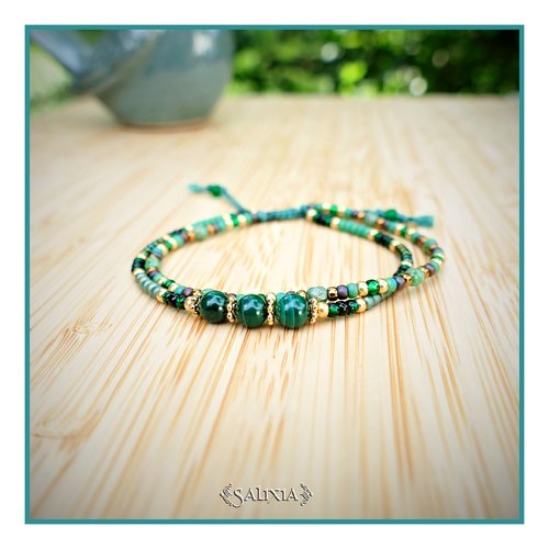 Bracelet 2 rangs perles de malachite perles dorées or fin rocailles japonaises fermoir lien coulissant (#bc331)