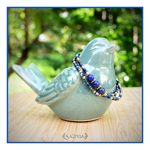 Bracelet 2 rangs perles de lapis lazuli perles dorées or fin rocailles japonaises fermoir lien coulissant (#bc333)