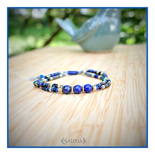 Bracelet 2 rangs perles de lapis lazuli perles dorées or fin rocailles japonaises fermoir lien coulissant (#bc333)