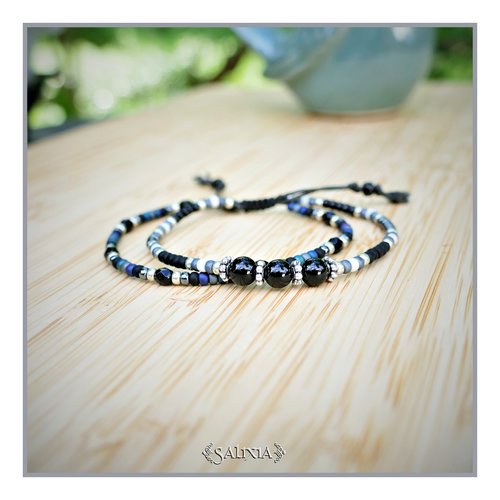 Bracelet 2 rangs perles d'agate noires perles argent rocailles japonaises fermoir lien coulissant (#bc335)