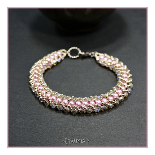 Bracelet tissé à l'aiguille perles de bohème aurore boréale perles nacrées coloris bois de rose mousqueton acier inoxydable (#sp28)