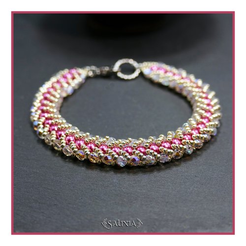 Bracelet tissé à l'aiguille perles de bohème aurore boréale perles nacrées coloris rose pompadour mousqueton acier inoxydable (#sp29)