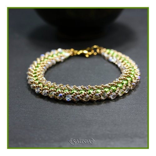 Bracelet tissé à l'aiguille perles de bohème aurore boréale perles nacrées vertes mousqueton acier inoxydable doré (#sp30)