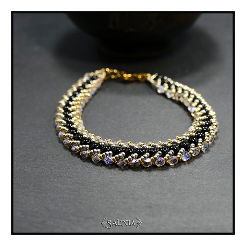 Bracelet tissé à l'aiguille perles de bohème aurore boréale perles noires mousqueton acier inoxydable doré (#sp31.a)
