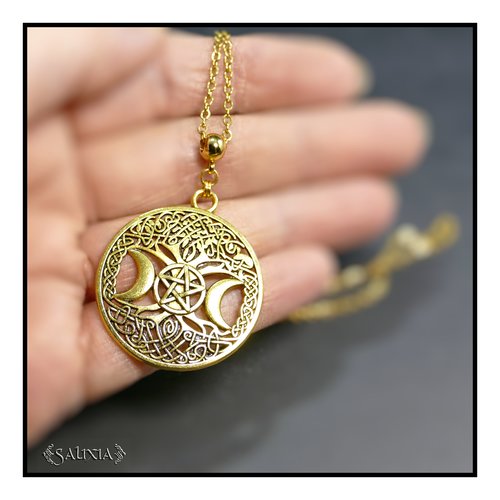 Collier pendentif triple lune doré antique acier inoxydable doré (#c296)