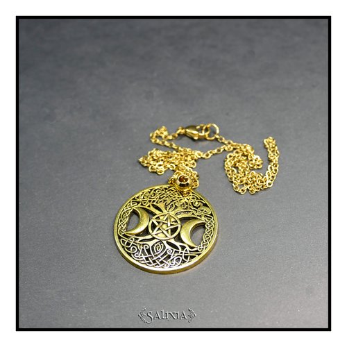 Collier pendentif triple lune doré antique acier inoxydable doré (#c296)