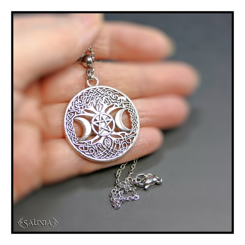 Collier pendentif triple lune argent antique acier inoxydable (#c297)