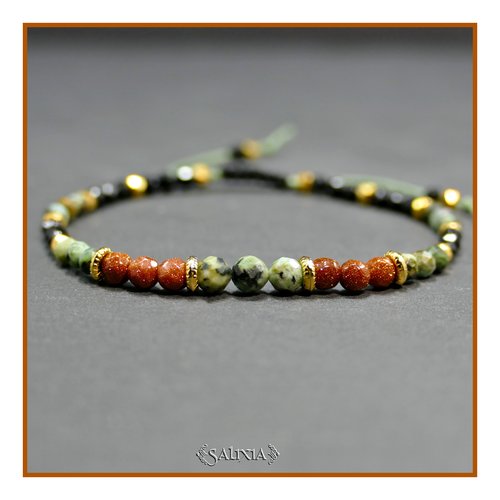 Bracelet "maika" pierres fines jaspe africaine et goldstone facettées perles plaqué or 24 carats (#bc381 p246)