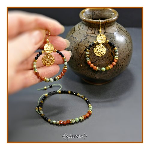 Boucles d'oreilles "maika" pierres fines jaspe africaine et goldstone facettées perles plaqué or 24 carats (#bo840 p246)