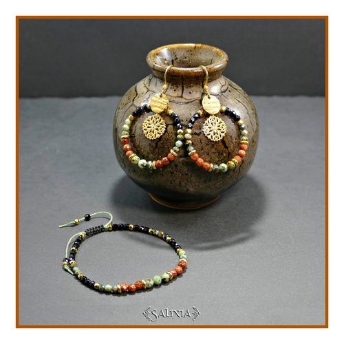 Boucles d'oreilles "maika" pierres fines jaspe africaine et goldstone facettées perles plaqué or 24 carats (#bo840 p246)