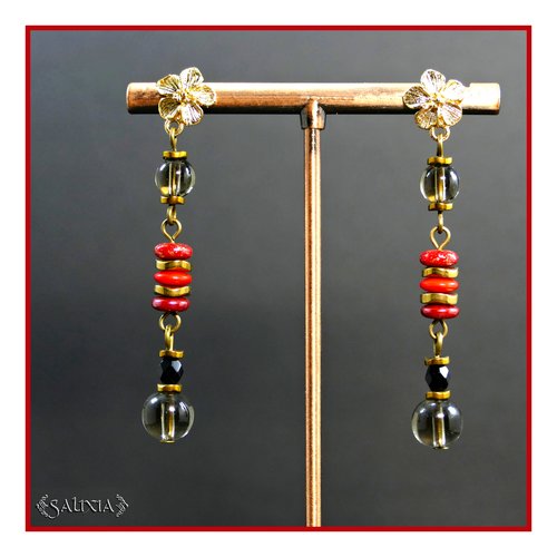 Boucles d'oreilles "natasha" quartz fumé perles de bohème puces fleurs dormeuses ou crochets au choix (#bo841 p247)