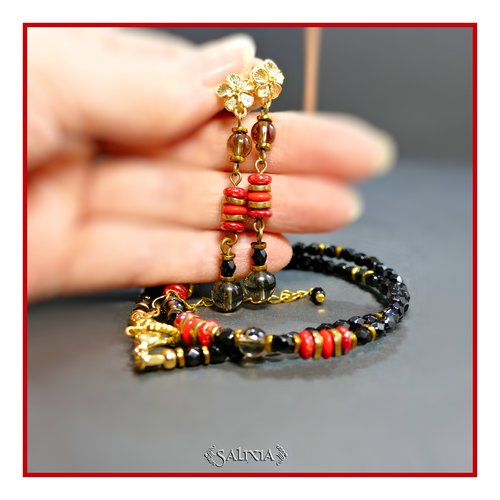 Boucles d'oreilles "natasha" quartz fumé perles de bohème puces fleurs dormeuses ou crochets au choix (#bo841 p247)