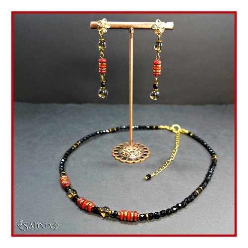 Collier "natasha" quartz fumé perles de bohème rouges et noires perles heishi mousqueton acier inoxydable doré (#c294 p247)