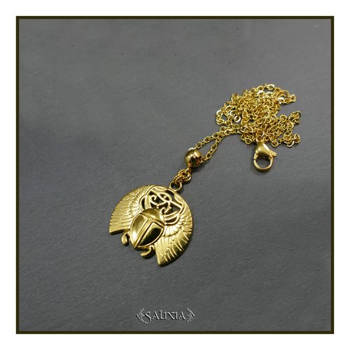 Collier pendentif oeil d'horus et scarabée sacré égyptien acier inoxydable doré (#c298)