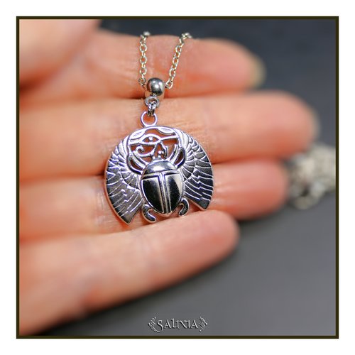 Collier pendentif oeil d'horus et scarabée sacré égyptien acier inoxydable (#c299)
