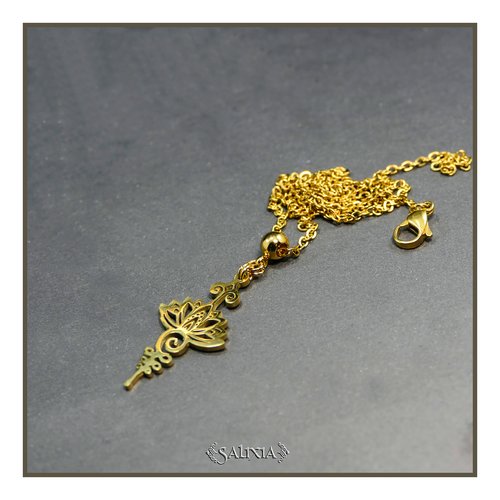 Collier pendentif unalome fleur de lotus symbole du chemin de vie acier inoxydable doré (#c300)