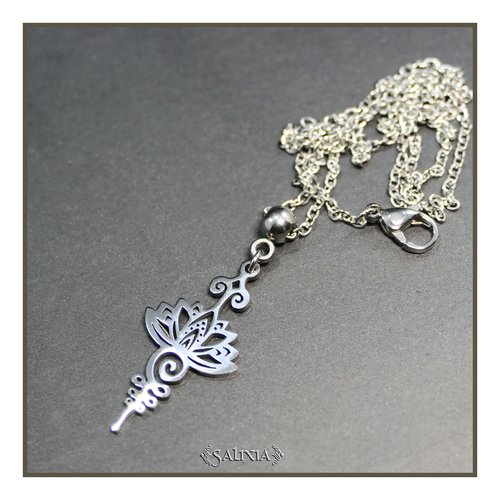 Collier pendentif unalome fleur de lotus symbole du chemin de vie acier inoxydable (#c301)