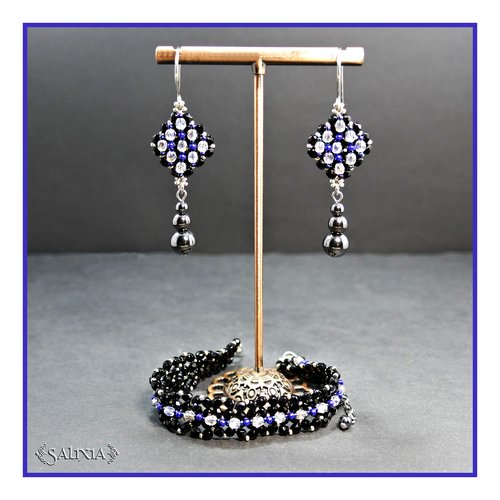 Bracelet "angelica" tissé à l'aiguille perles de bohème aurore boréale et noires fermoir acier inoxydable (#bc382 p248)