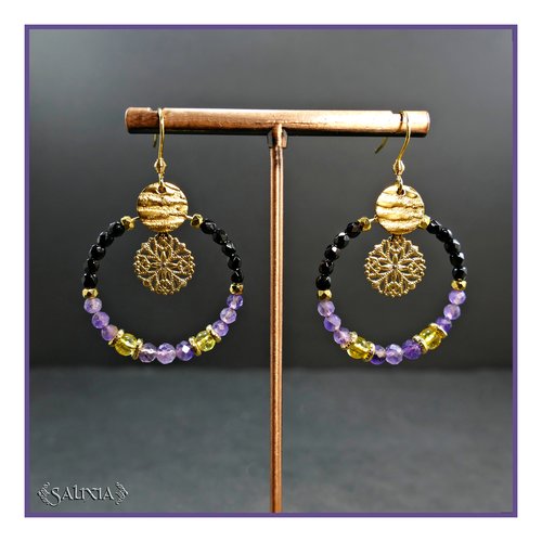 Boucles d'oreilles "oksana" pierres fines d'améthyste et de citrine perles plaqué or 24 carats (#bo843 p249)