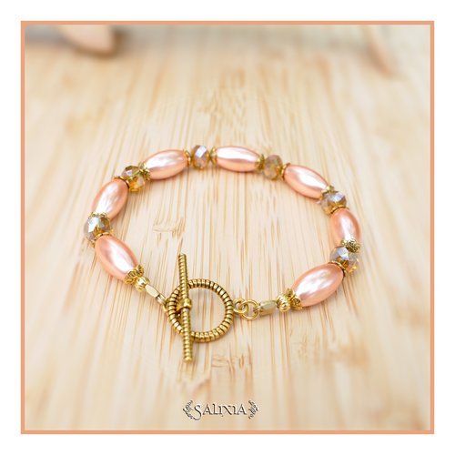 Bracelet "léonora" perles nacrées pêche cristaux ambre ab au choix fermoir toggle doré ou mousqueton (#bc234 p216)