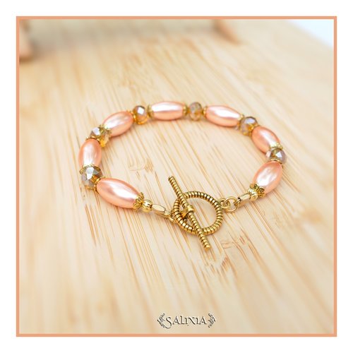 Bracelet "léonora" perles nacrées pêche cristaux ambre ab au choix fermoir toggle doré ou mousqueton (#bc234 p216)