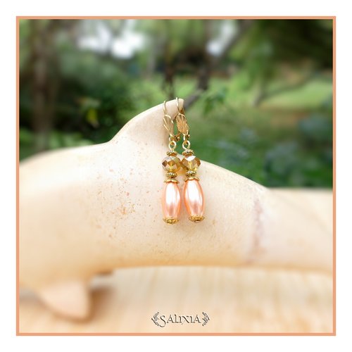 Boucles d'oreilles "léonora" perles pêche nacrées cristal ambre ab dormeuses ou crochets en acier inoxydable au choix (#bo673 p216)