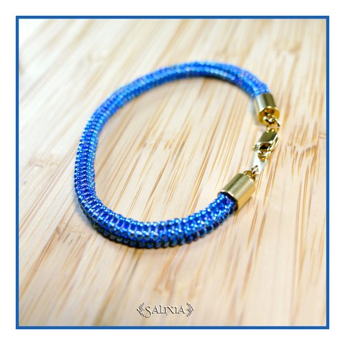 Bracelet tissé à l'aiguille avec des perles en verre japonaises bleu capri ab mousqueton acier inoxydable doré (#bc303)