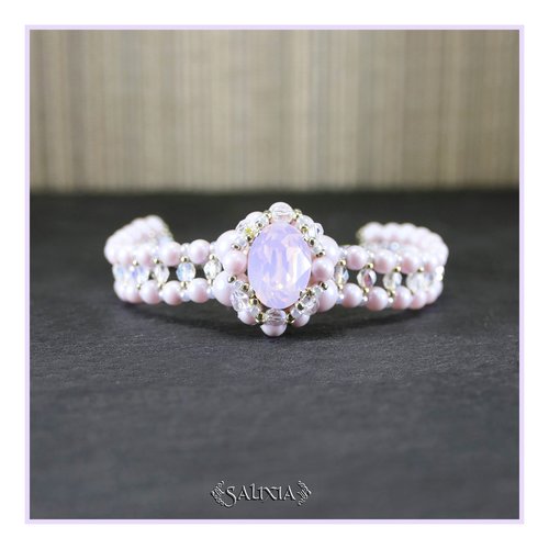 Bracelet tissé à l'aiguille cabochon rose opale et perles roses en cristal mousqueton acier inoxydable (#bc362)