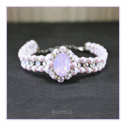 Bracelet tissé à l'aiguille cabochon rose opale et perles roses en cristal mousqueton acier inoxydable (#bc362)