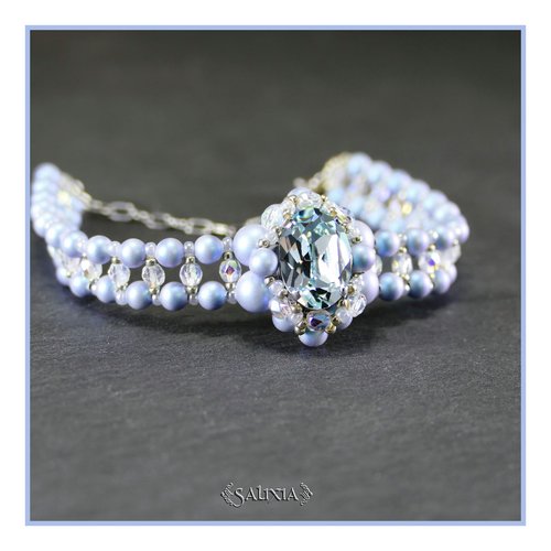 Bracelet tissé à l'aiguille cabochon cristal aigue-marine perles bleues en cristal mousqueton acier inoxydable (#bc363)