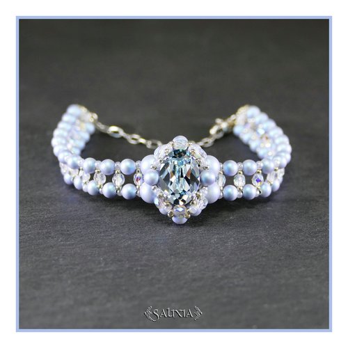Bracelet tissé à l'aiguille cabochon cristal aigue-marine perles bleues en cristal mousqueton acier inoxydable (#bc363)