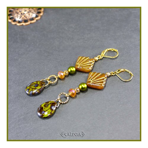 Boucles d'oreilles "teodora" style art déco perles de bohéme laiton doré à l'or fin dormeuses ou crochets au choix (#bo845 p251)