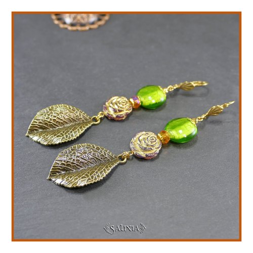 Boucles d'oreilles perle de bohéme fleur laiton doré à l'or fin feuille bronze antique dormeuses ou crochets au choix (#bo733)