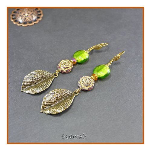Boucles d'oreilles perle de bohéme fleur laiton doré à l'or fin feuille bronze antique dormeuses ou crochets au choix (#bo733)