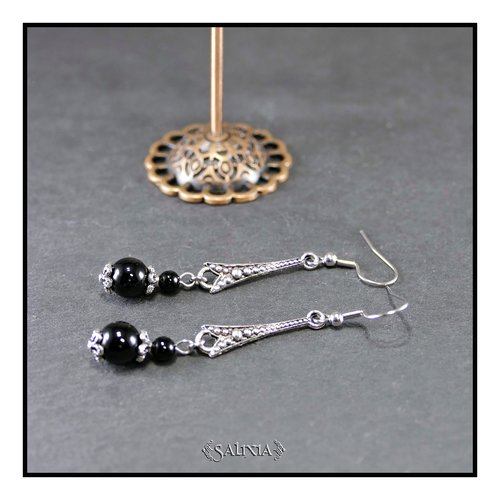 Boucles d'oreilles "matilda" pierres fines d'agate noire crochets acier inoxydable (#bo844 p250)