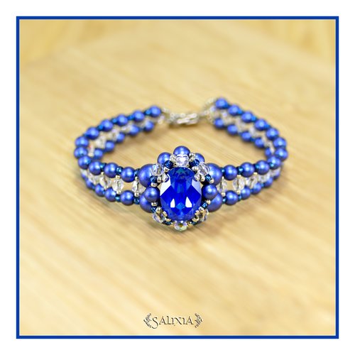 Bracelet tissé à l'aiguille cabochon cristal bleu royal perles bleu nuit en cristal mousqueton acier inoxydable (#bc364)