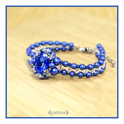 Bracelet tissé à l'aiguille cabochon cristal bleu royal perles bleu nuit en cristal mousqueton acier inoxydable (#bc364)