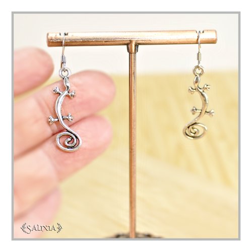 Boucles d'oreilles petit lézard argenté crochets en acier inoxydable (#bo838)
