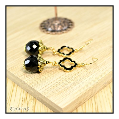 Boucles d'oreilles perles de bohème noires perles dorées à l'or fin crochets acier inoxydable doré (#bo734)