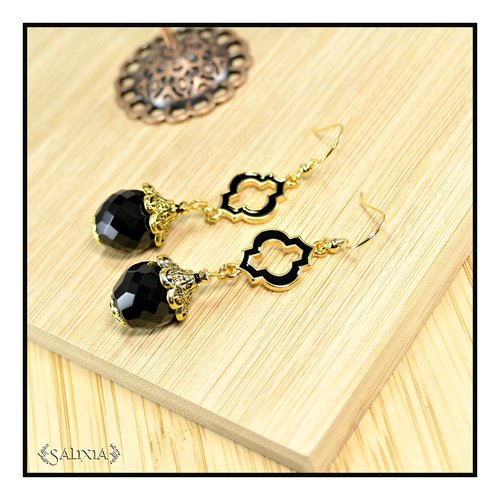 Boucles d'oreilles perles de bohème noires perles dorées à l'or fin crochets acier inoxydable doré (#bo734)