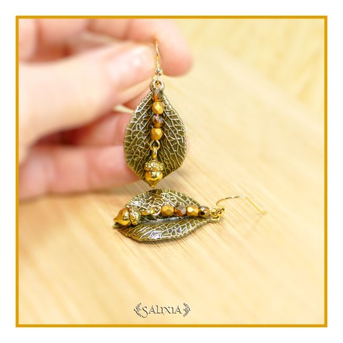 Boucles d'oreilles feuilles bronze antique perles de bohème breloque gland doré crochets acier inoxydable doré (#bo839)