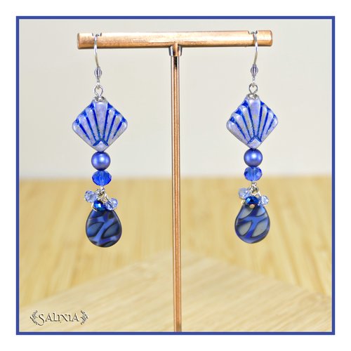 Boucles d'oreilles style art déco cristal bleu nuit perles de bohéme crochets en acier inoxydable (#bo847)