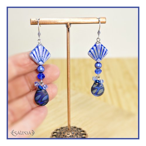 Boucles d'oreilles style art déco cristal bleu nuit perles de bohéme crochets en acier inoxydable (#bo847)