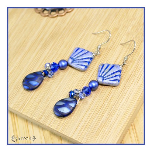 Boucles d'oreilles style art déco cristal bleu nuit perles de bohéme crochets en acier inoxydable (#bo847)