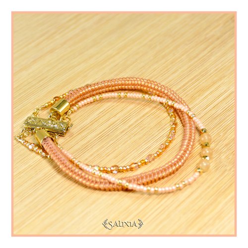 Bracelet tissé à l'aiguille en carré perles verre japonaises pierres fines aventurine fermoir à clipser doré à l'or fin (#bc253)